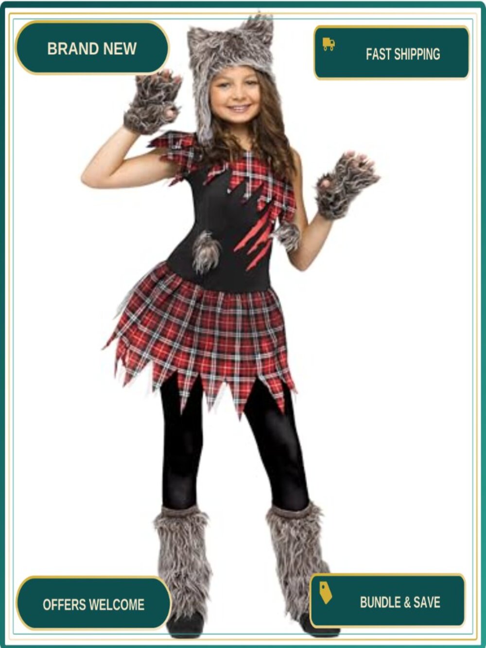 Wild Wolfie Girls Costume Dress Hood Mitts Boot Covers Halloween